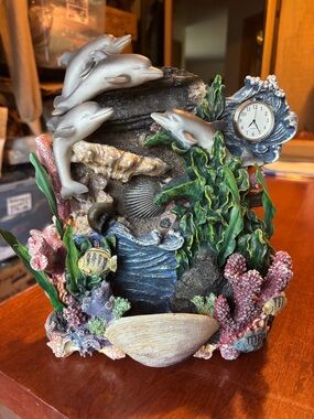 Classic Treasures Vibrant Color Vintage Tabletop Ocean Scene Fountain & Clock